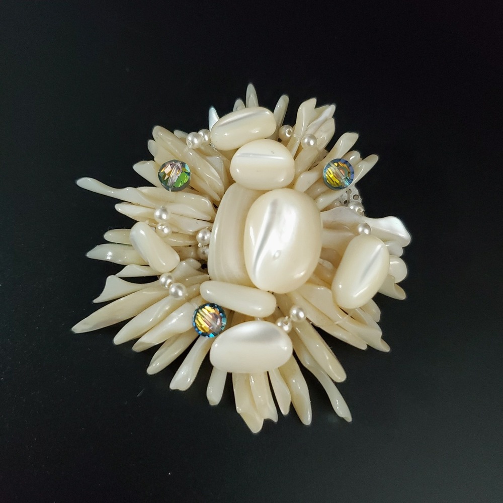 RARE Vintage OOAK Brooch Shell Watermelon Style Beads Faux Pearls JAPAN